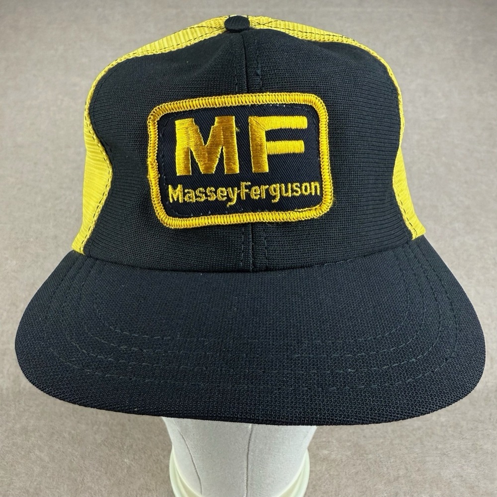 Vintage‎ Massey Ferguson MF Hat Trucker Cap Black Yellow Mesh Size S-M Made USA
